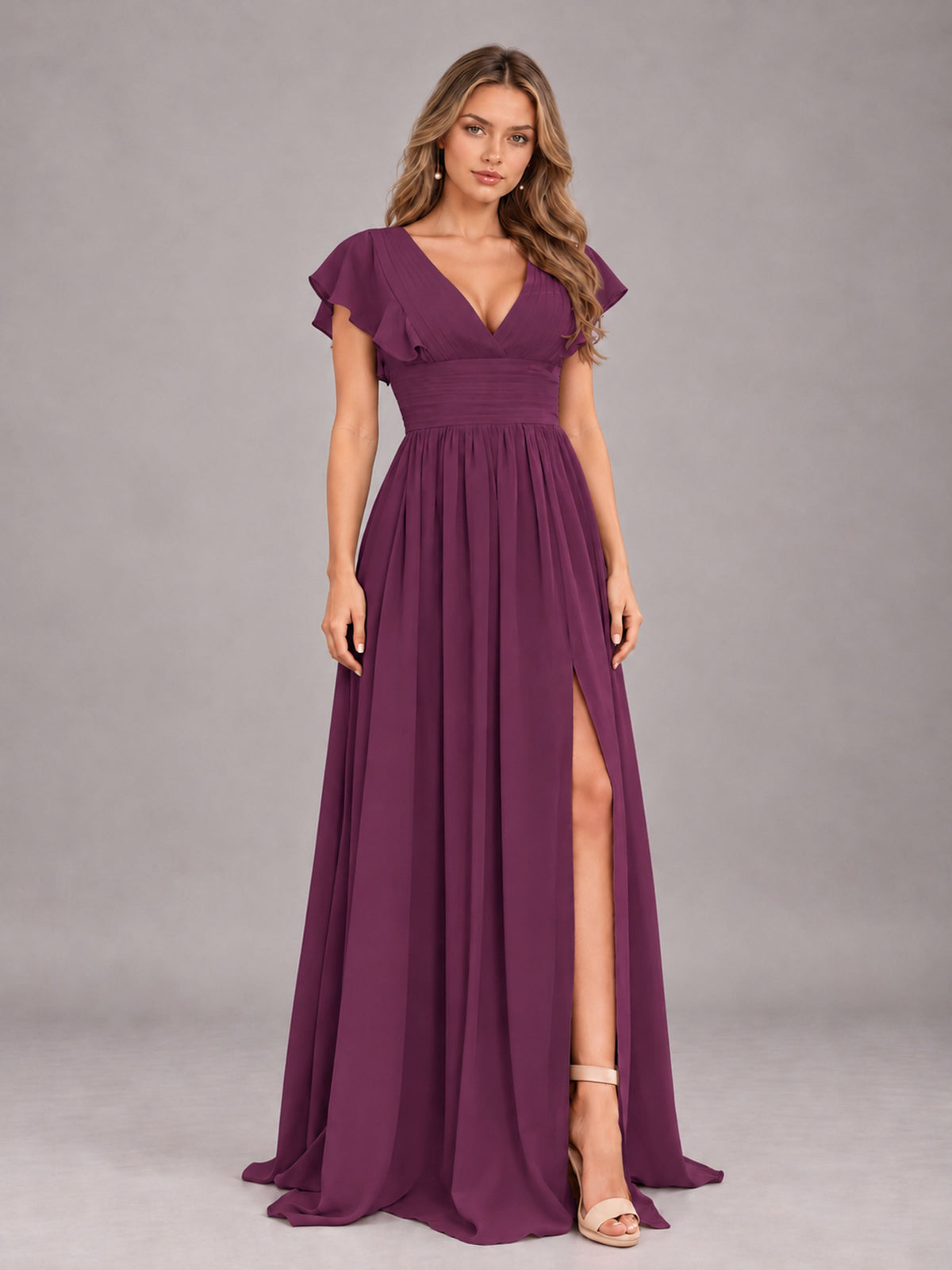 Plum Sexy V-Neck Slit Floor Length Bridesmaid Dress With Pockets