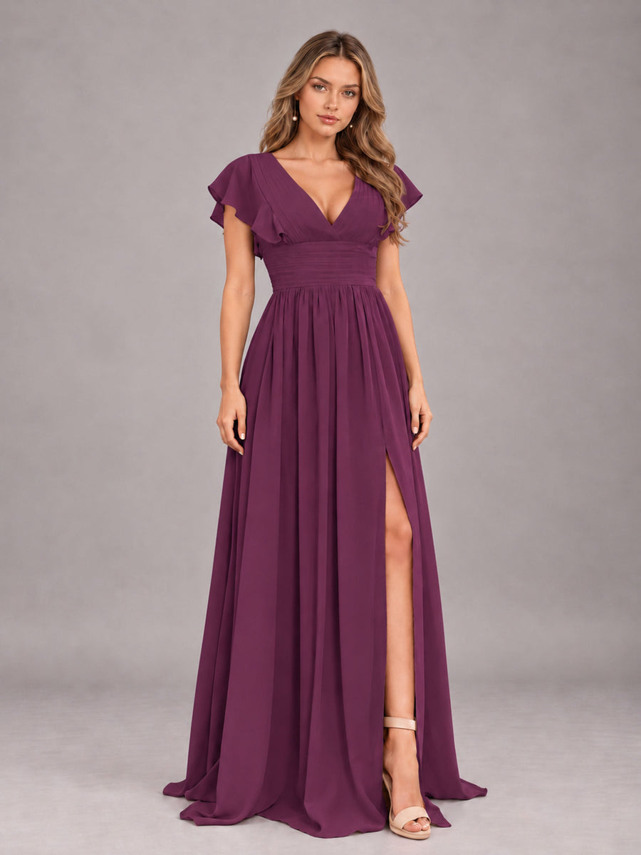 Plum Sexy V-Neck Slit Floor Length Bridesmaid Dress With Pockets