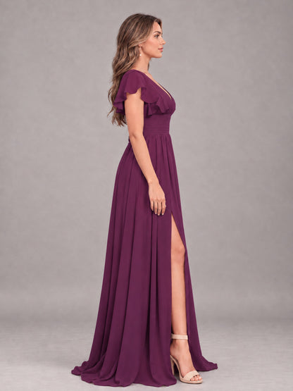 Plum Sexy V-Neck Slit Floor Length Bridesmaid Dress With Pockets
