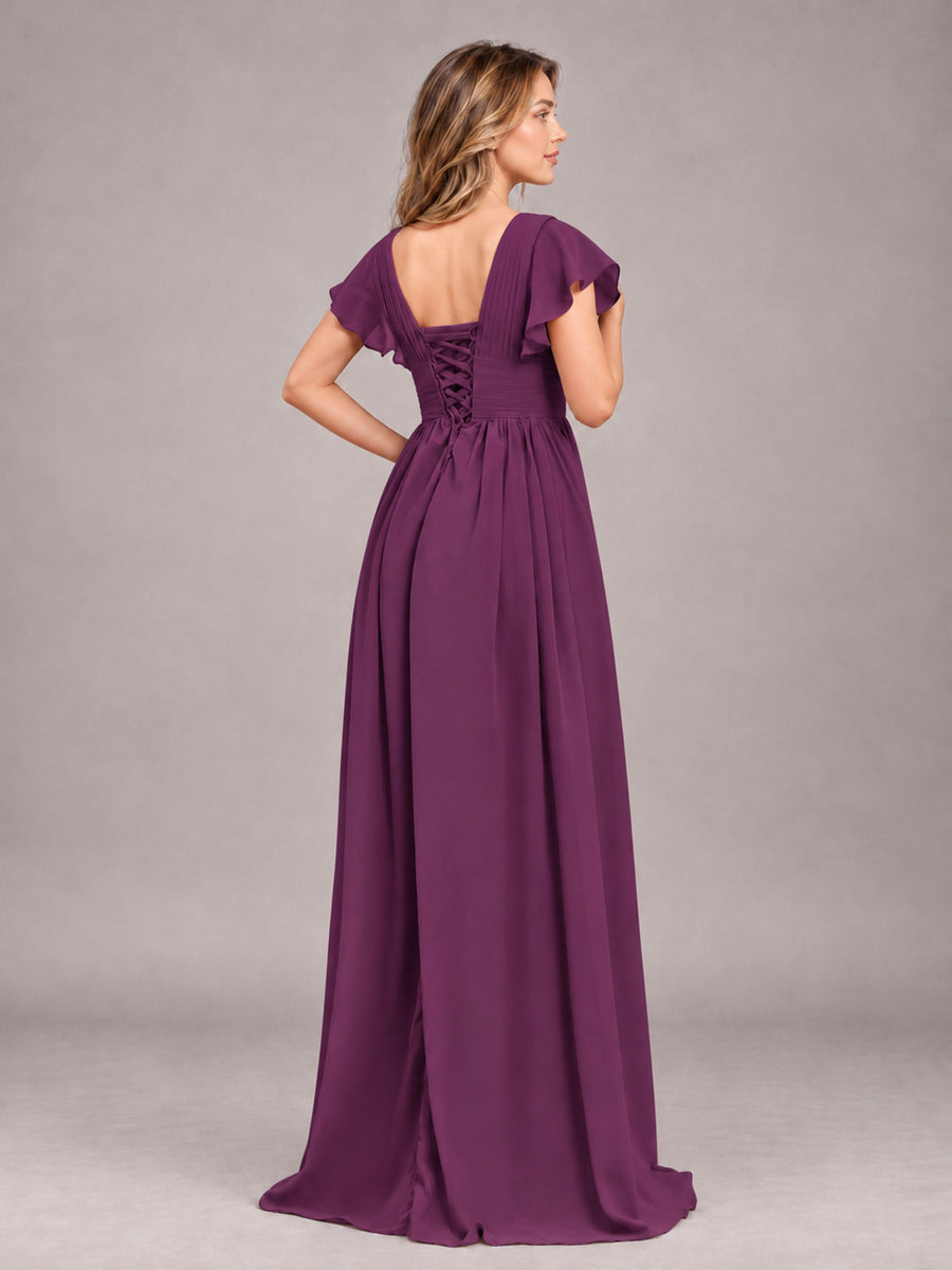 Plum Sexy V-Neck Slit Floor Length Bridesmaid Dress With Pockets