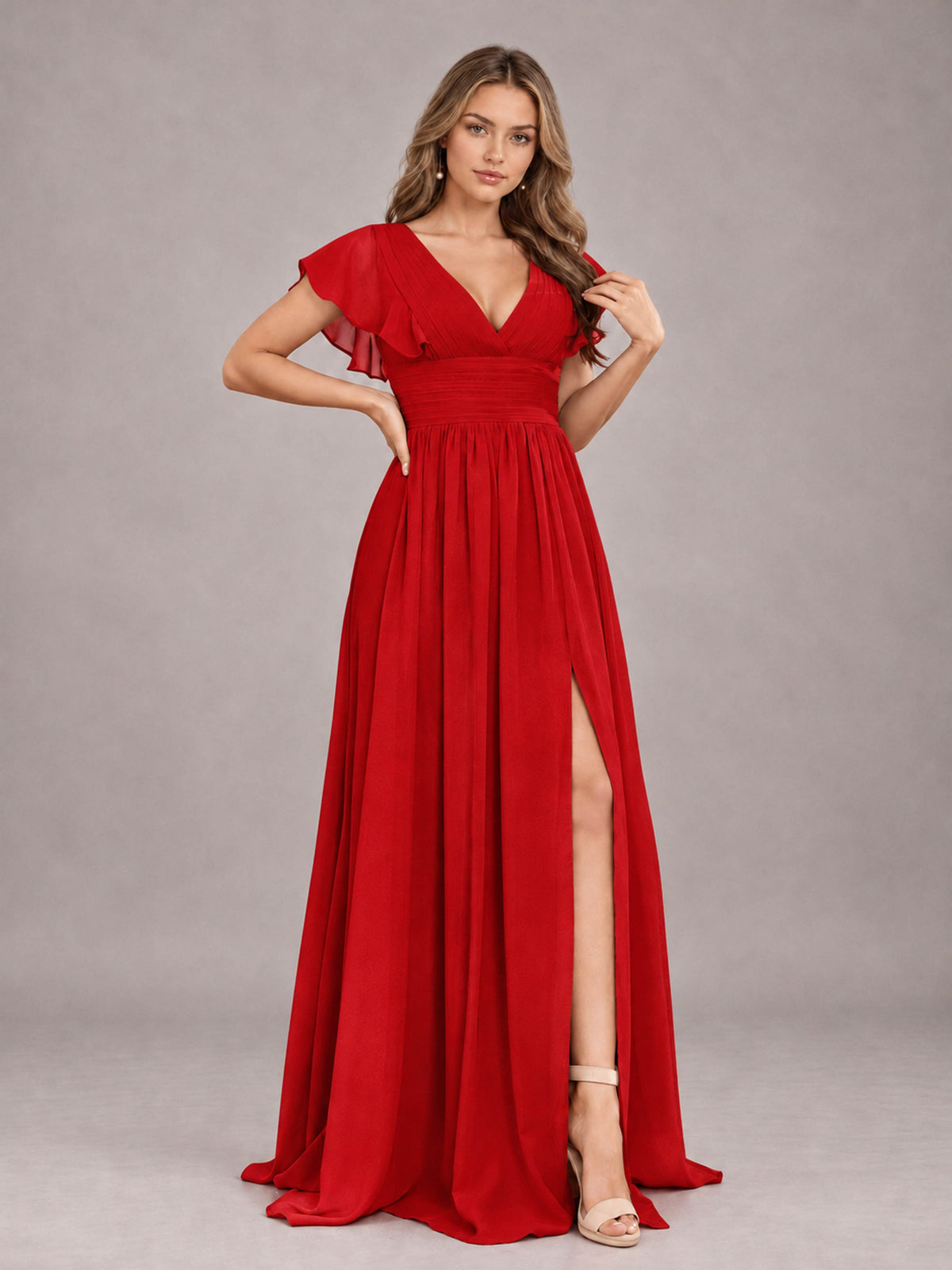 Red Sexy V-Neck Slit Floor Length Bridesmaid Dress With Pockets