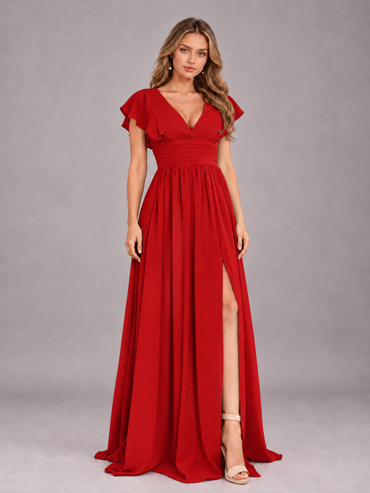 Red Sexy V-Neck Slit Floor Length Bridesmaid Dress With Pockets