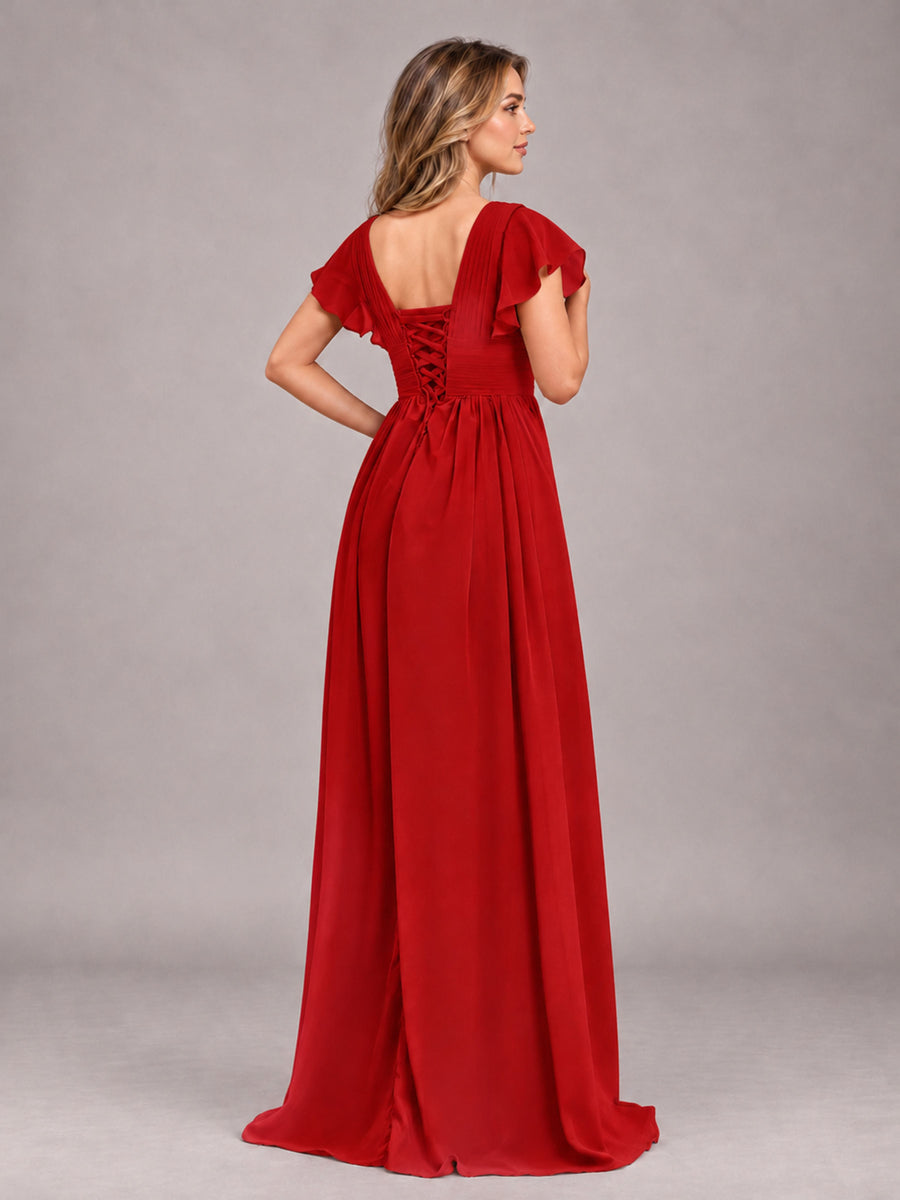 Red Sexy V-Neck Slit Floor Length Bridesmaid Dress With Pockets