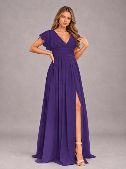 Regency Sexy V-Neck Slit Floor Length Bridesmaid Dress With Pockets