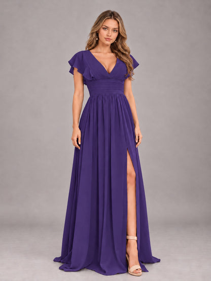 Regency Sexy V-Neck Slit Floor Length Bridesmaid Dress With Pockets