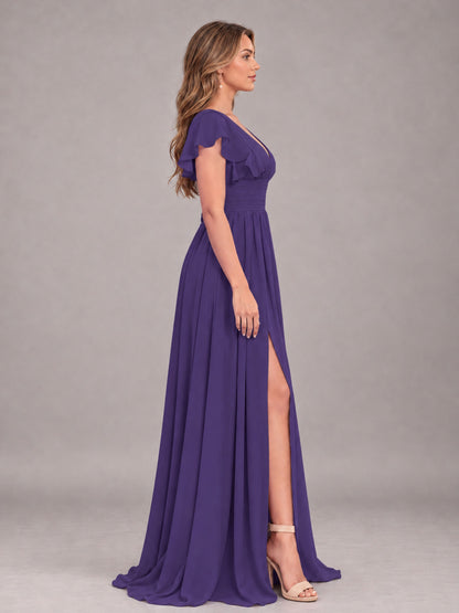 Regency Sexy V-Neck Slit Floor Length Bridesmaid Dress With Pockets