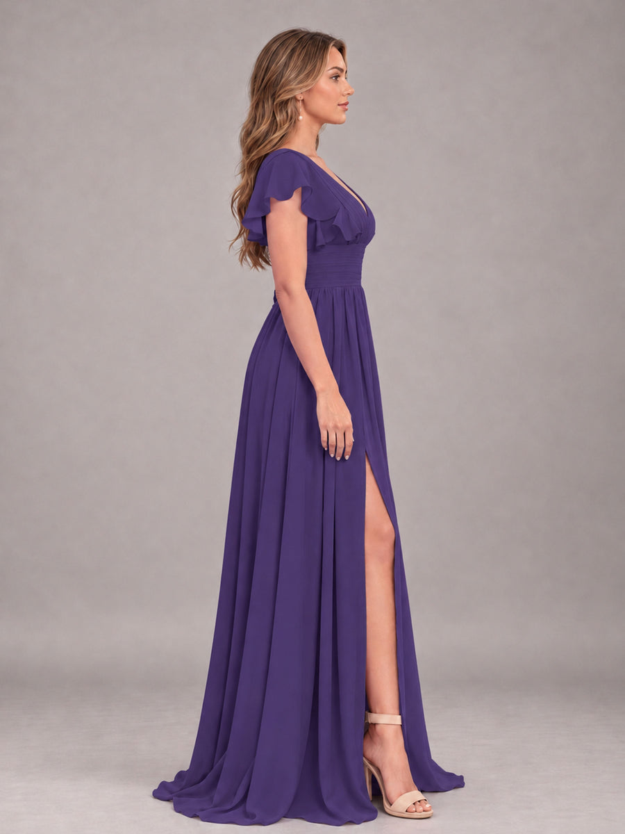 Regency Sexy V-Neck Slit Floor Length Bridesmaid Dress With Pockets