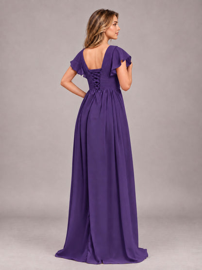 Regency Sexy V-Neck Slit Floor Length Bridesmaid Dress With Pockets