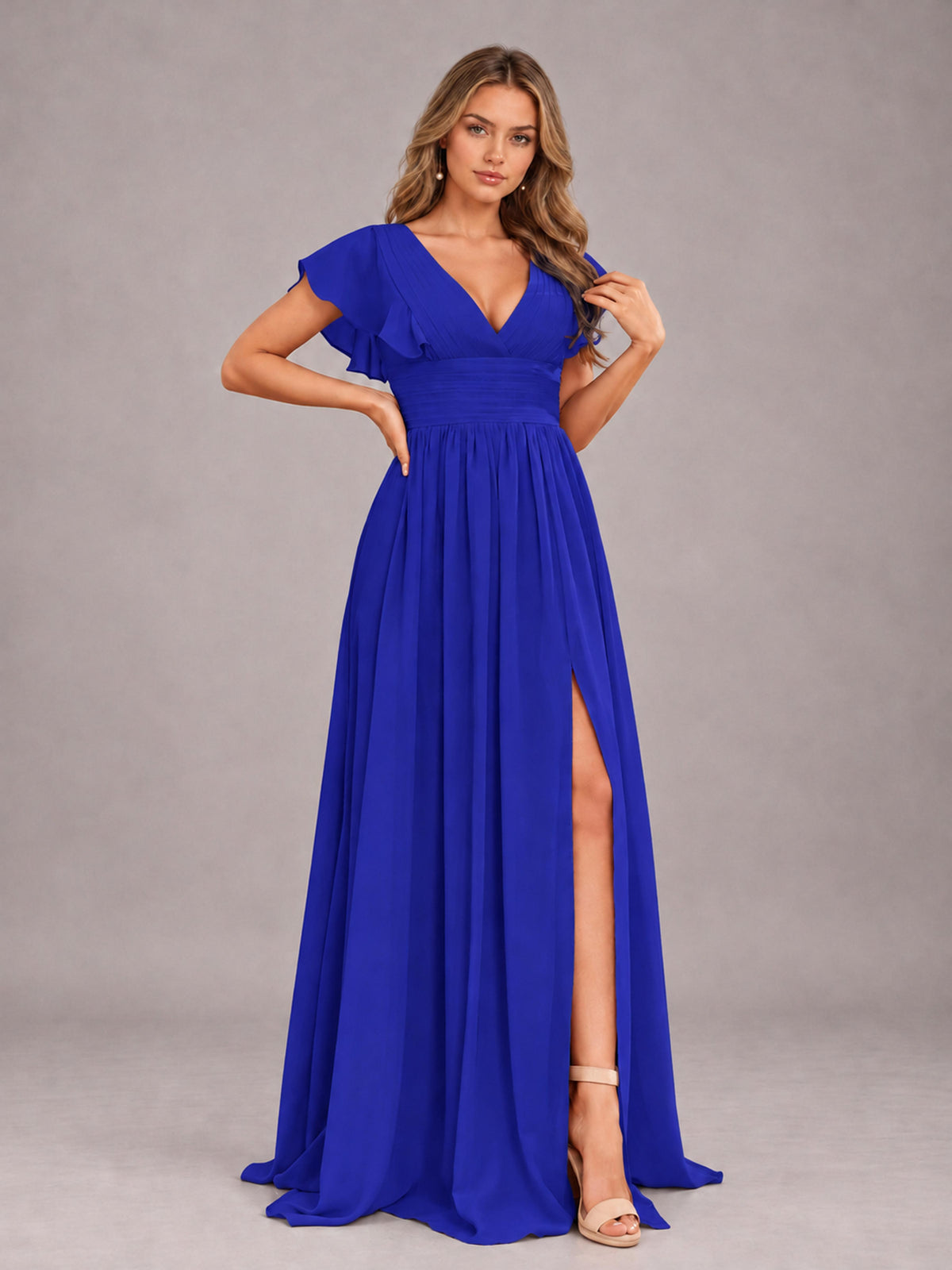 Royal Blue Sexy V-Neck Slit Floor Length Bridesmaid Dress With Pockets