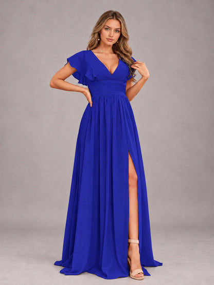 Royal Blue Sexy V-Neck Slit Floor Length Bridesmaid Dress With Pockets