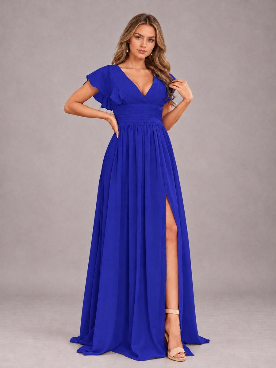Royal Blue Sexy V-Neck Slit Floor Length Bridesmaid Dress With Pockets