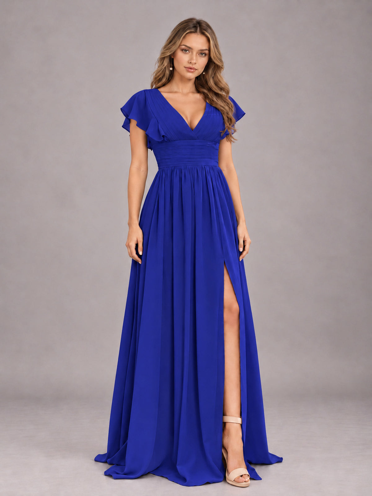 Royal Blue Sexy V-Neck Slit Floor Length Bridesmaid Dress With Pockets