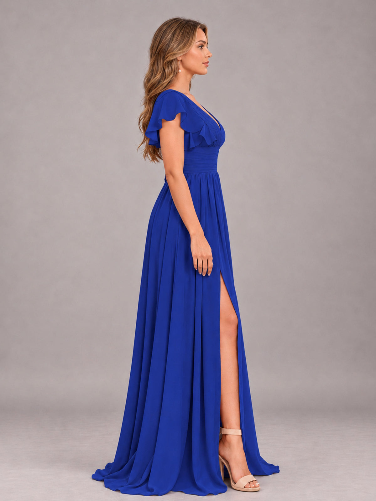 Royal Blue Sexy V-Neck Slit Floor Length Bridesmaid Dress With Pockets