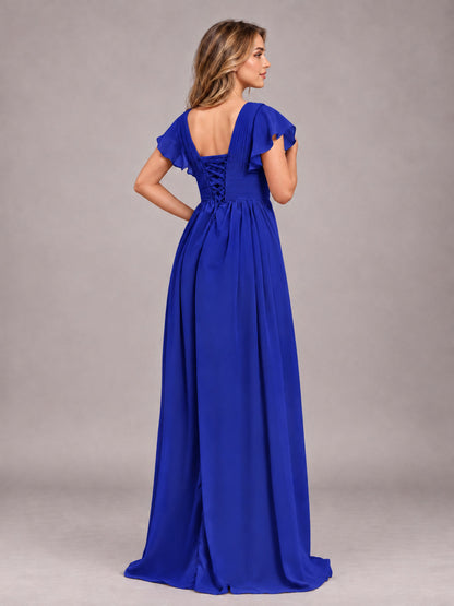 Royal Blue Sexy V-Neck Slit Floor Length Bridesmaid Dress With Pockets