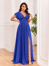 Sexy V-Neck Slit Floor Length Bridesmaid Dresses With Pockets