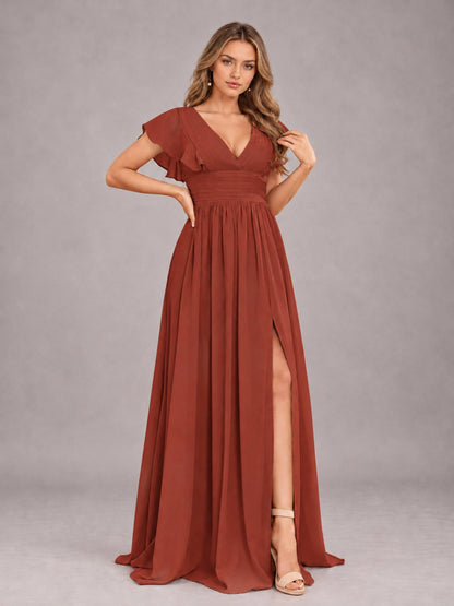 Rust Sexy V-Neck Slit Floor Length Bridesmaid Dress With Pockets