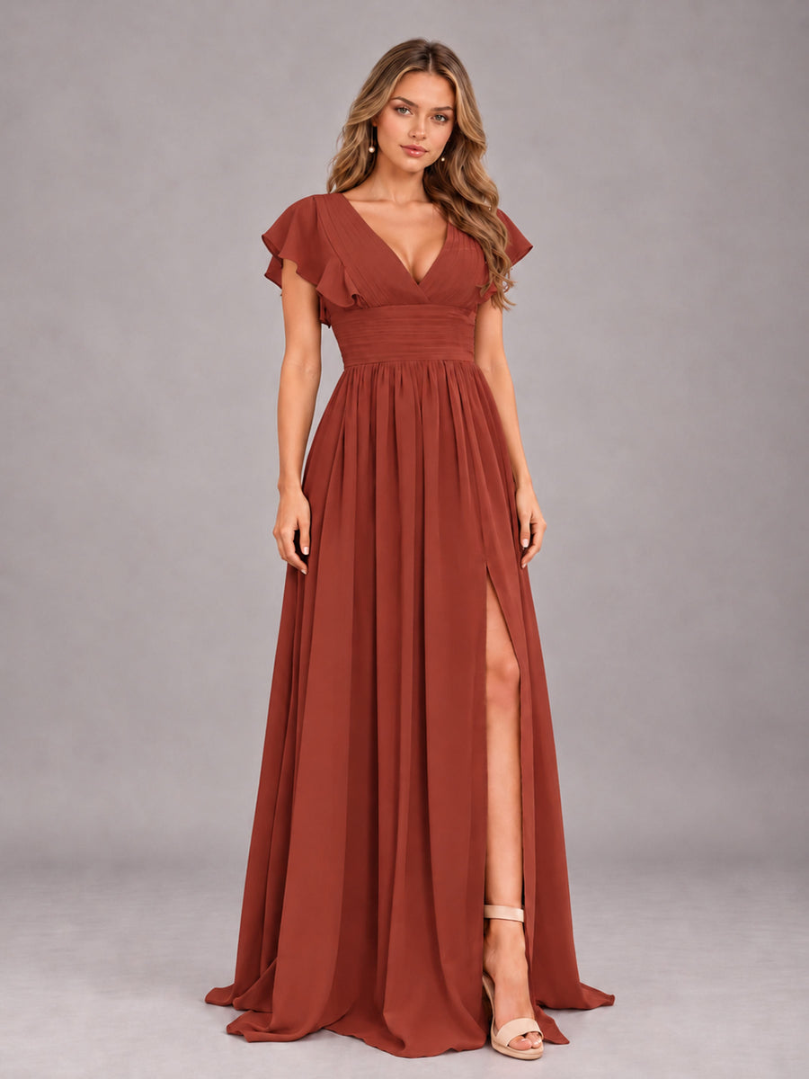 Rust Sexy V-Neck Slit Floor Length Bridesmaid Dress With Pockets