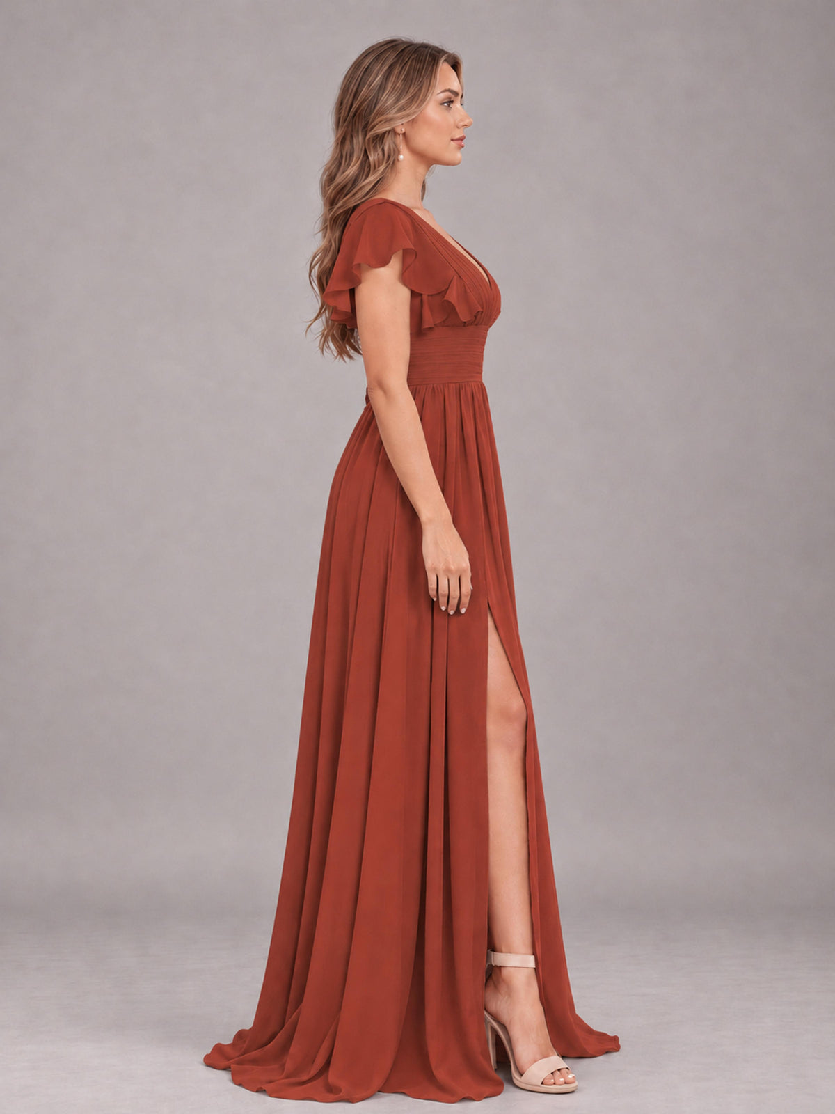 Rust Sexy V-Neck Slit Floor Length Bridesmaid Dress With Pockets