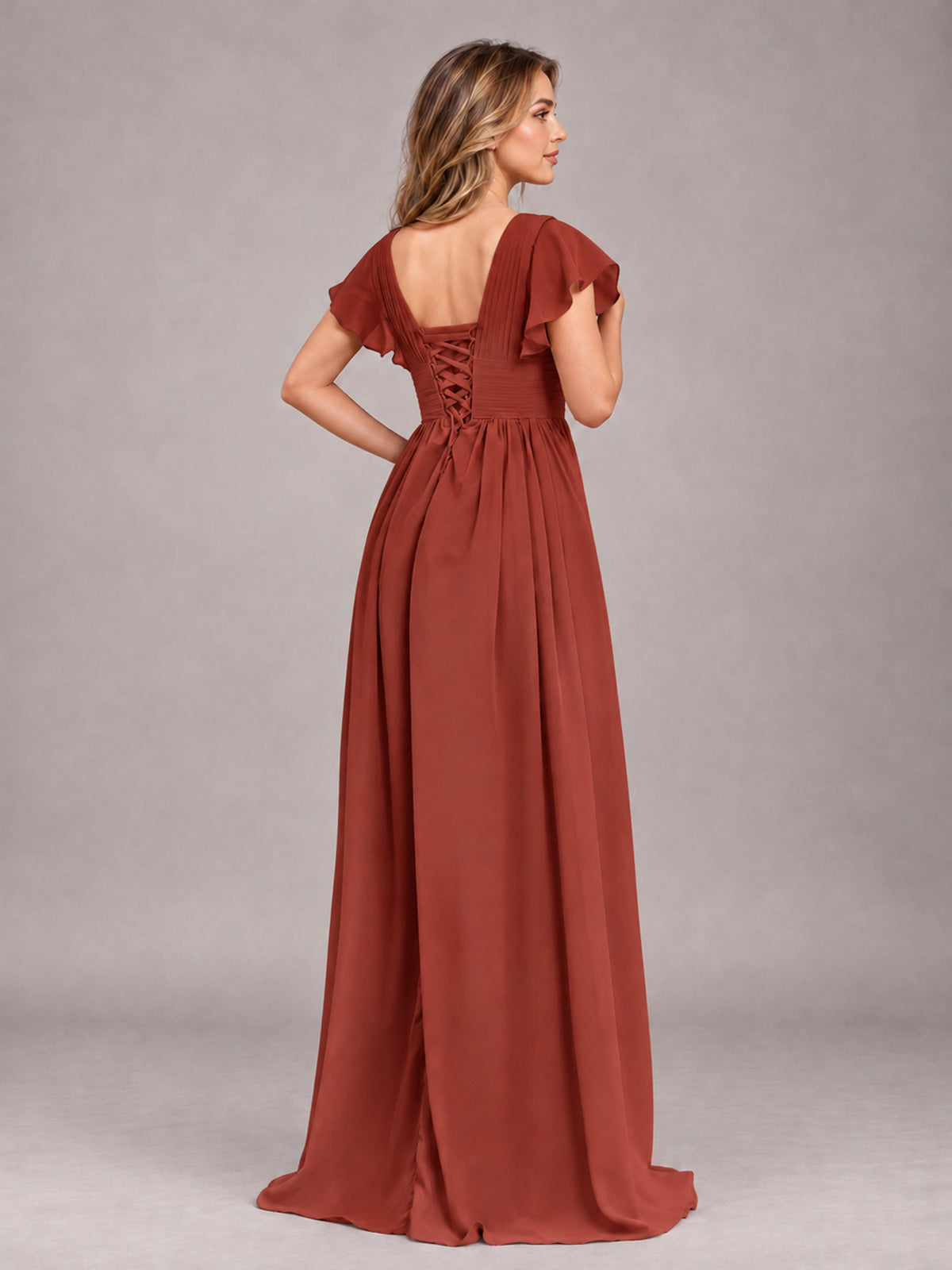 Rust Sexy V-Neck Slit Floor Length Bridesmaid Dress With Pockets