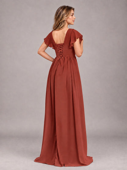 Rust Sexy V-Neck Slit Floor Length Bridesmaid Dress With Pockets