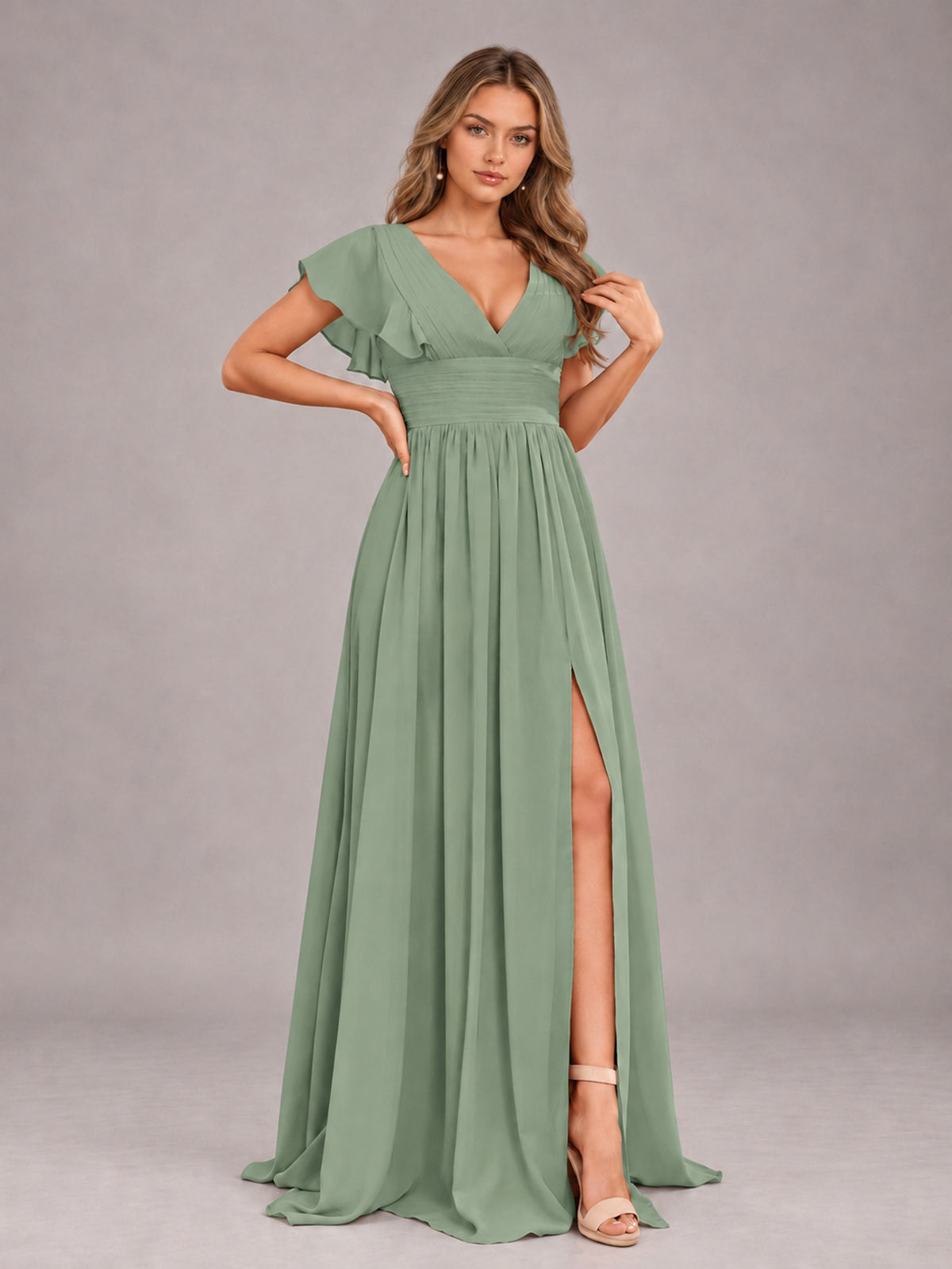 Sage Green Sexy V-Neck Slit Floor Length Bridesmaid Dress With Pockets