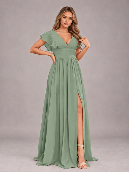 Sage Green Sexy V-Neck Slit Floor Length Bridesmaid Dress With Pockets