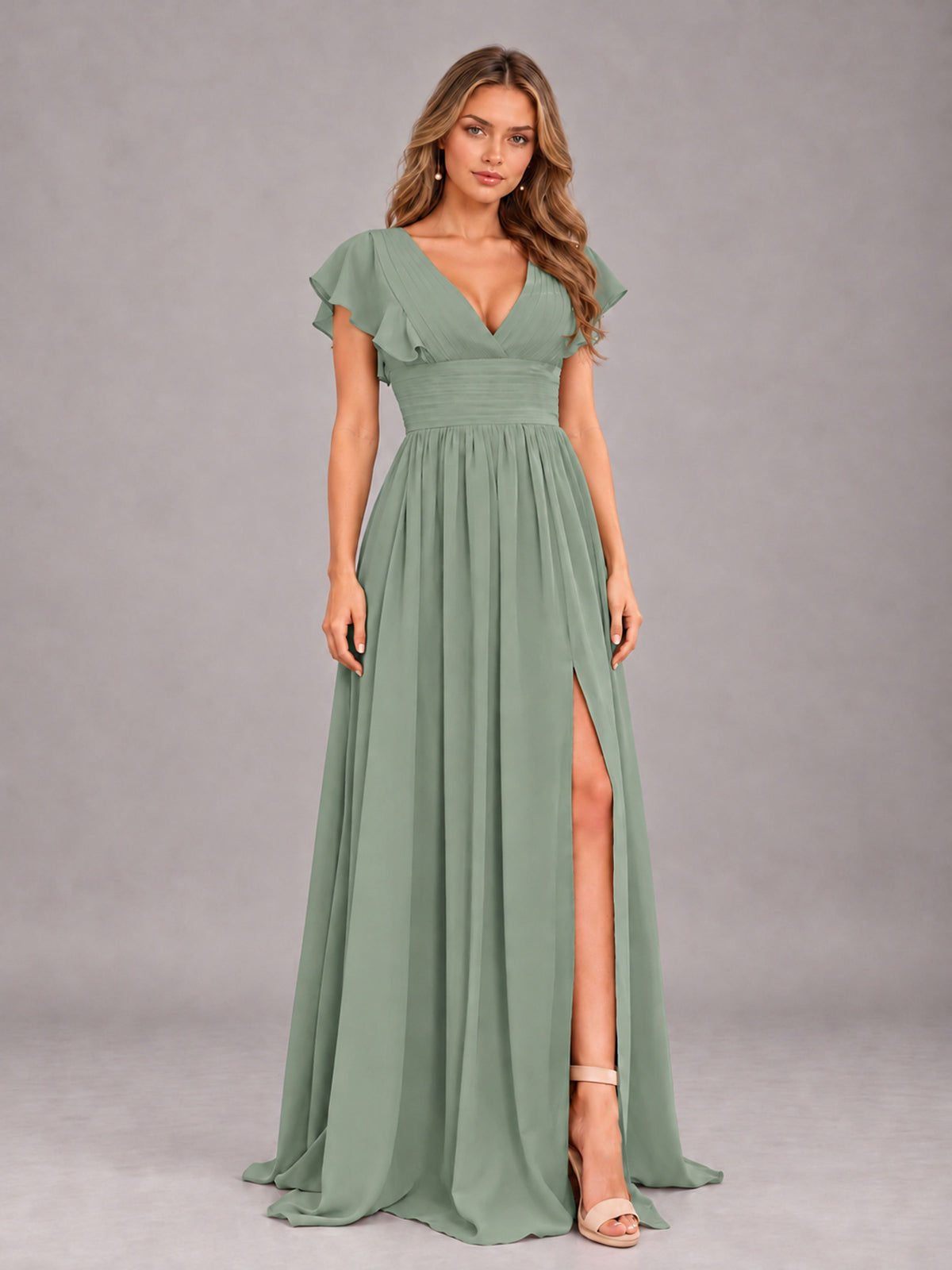 Sage Green Sexy V-Neck Slit Floor Length Bridesmaid Dress With Pockets