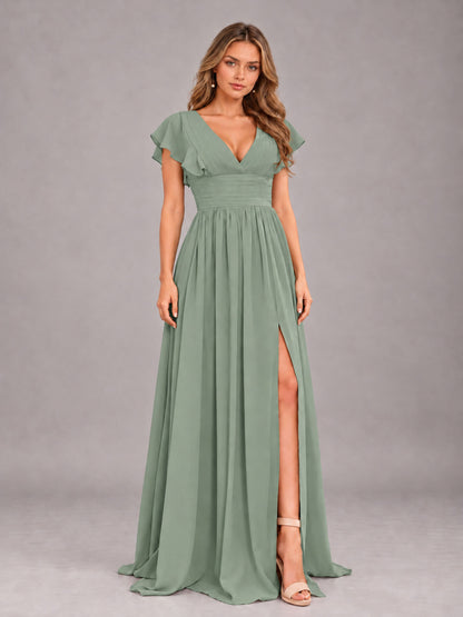 Sage Green Sexy V-Neck Slit Floor Length Bridesmaid Dress With Pockets