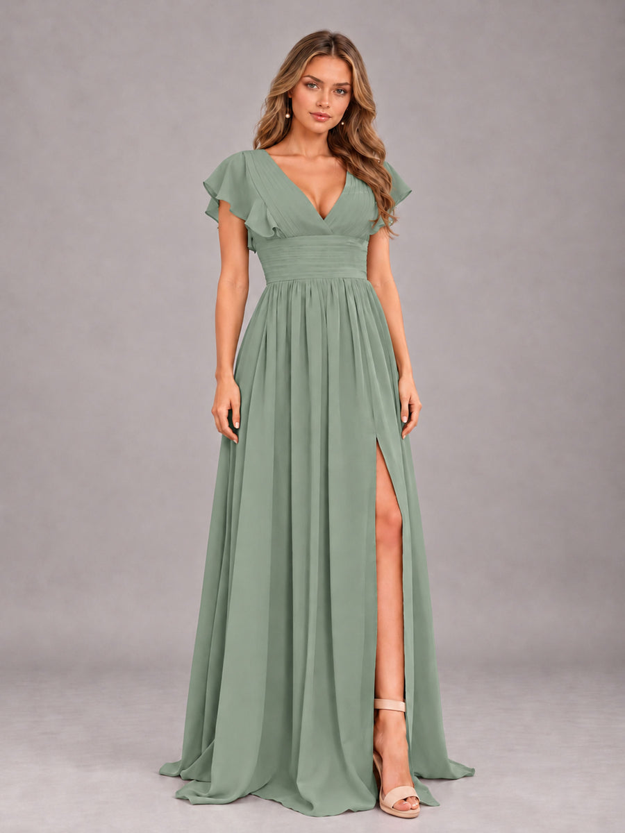 Sage Green Sexy V-Neck Slit Floor Length Bridesmaid Dress With Pockets
