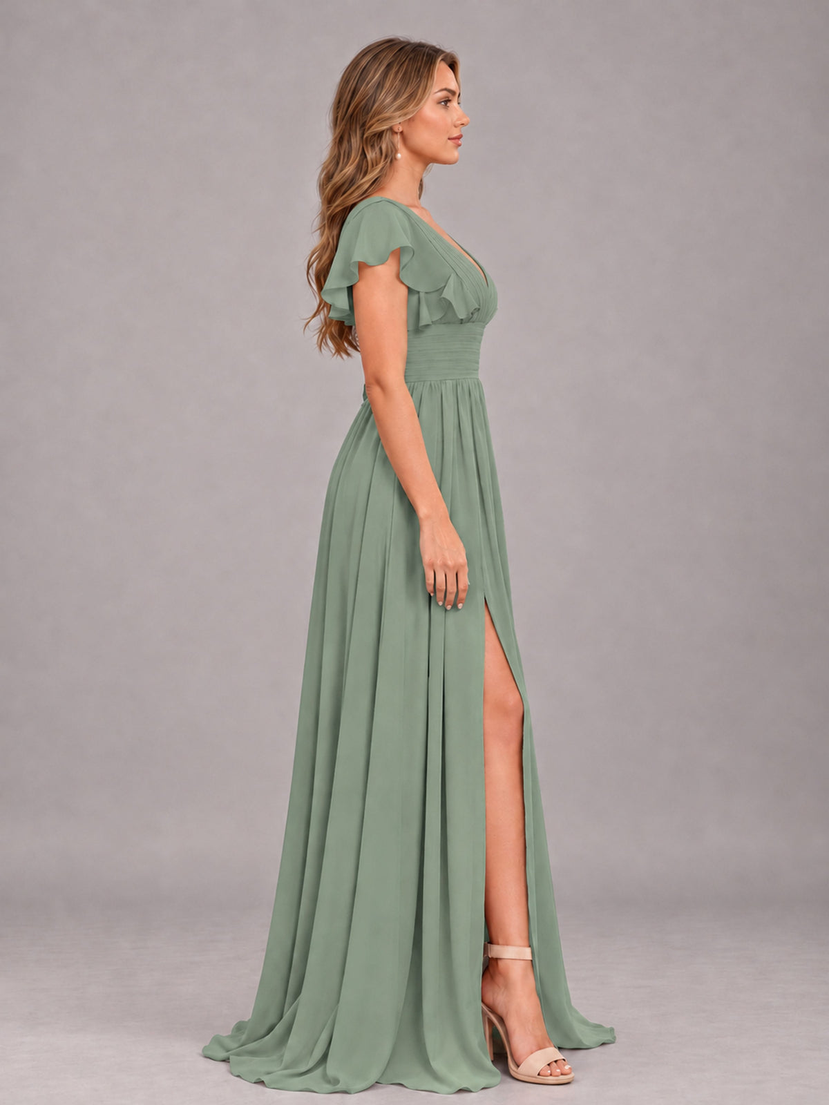 Sage Green Sexy V-Neck Slit Floor Length Bridesmaid Dress With Pockets