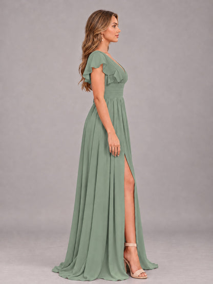 Sage Green Sexy V-Neck Slit Floor Length Bridesmaid Dress With Pockets