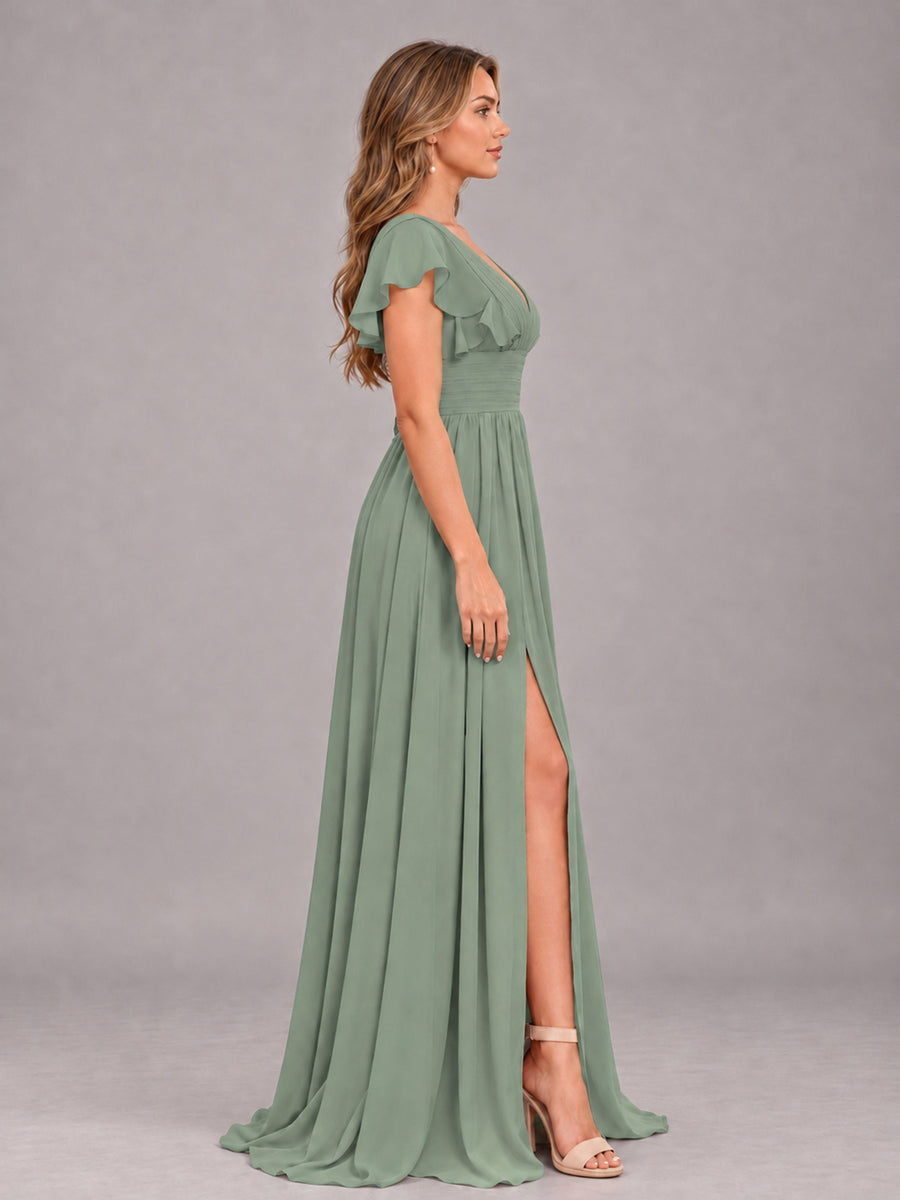Sage Green Sexy V-Neck Slit Floor Length Bridesmaid Dress With Pockets