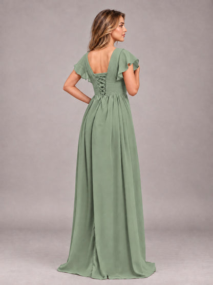 Sage Green Sexy V-Neck Slit Floor Length Bridesmaid Dress With Pockets