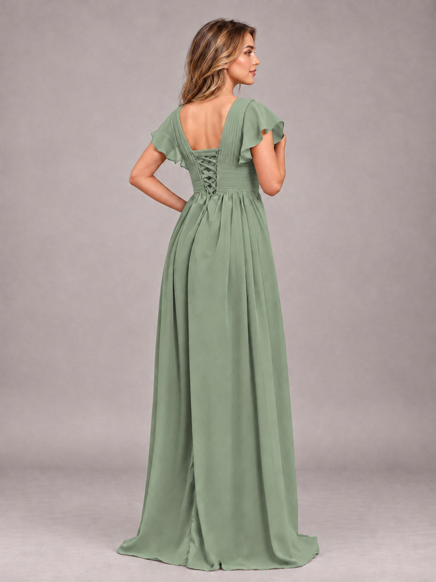 Sage Green Sexy V-Neck Slit Floor Length Bridesmaid Dress With Pockets
