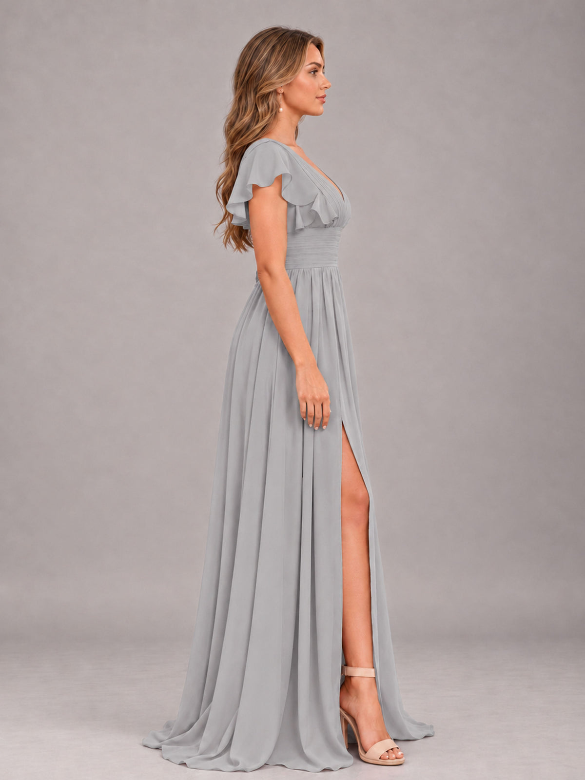 Silver Sexy V-Neck Slit Floor Length Bridesmaid Dress With Pockets