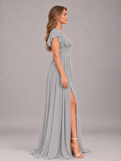 Silver Sexy V-Neck Slit Floor Length Bridesmaid Dress With Pockets
