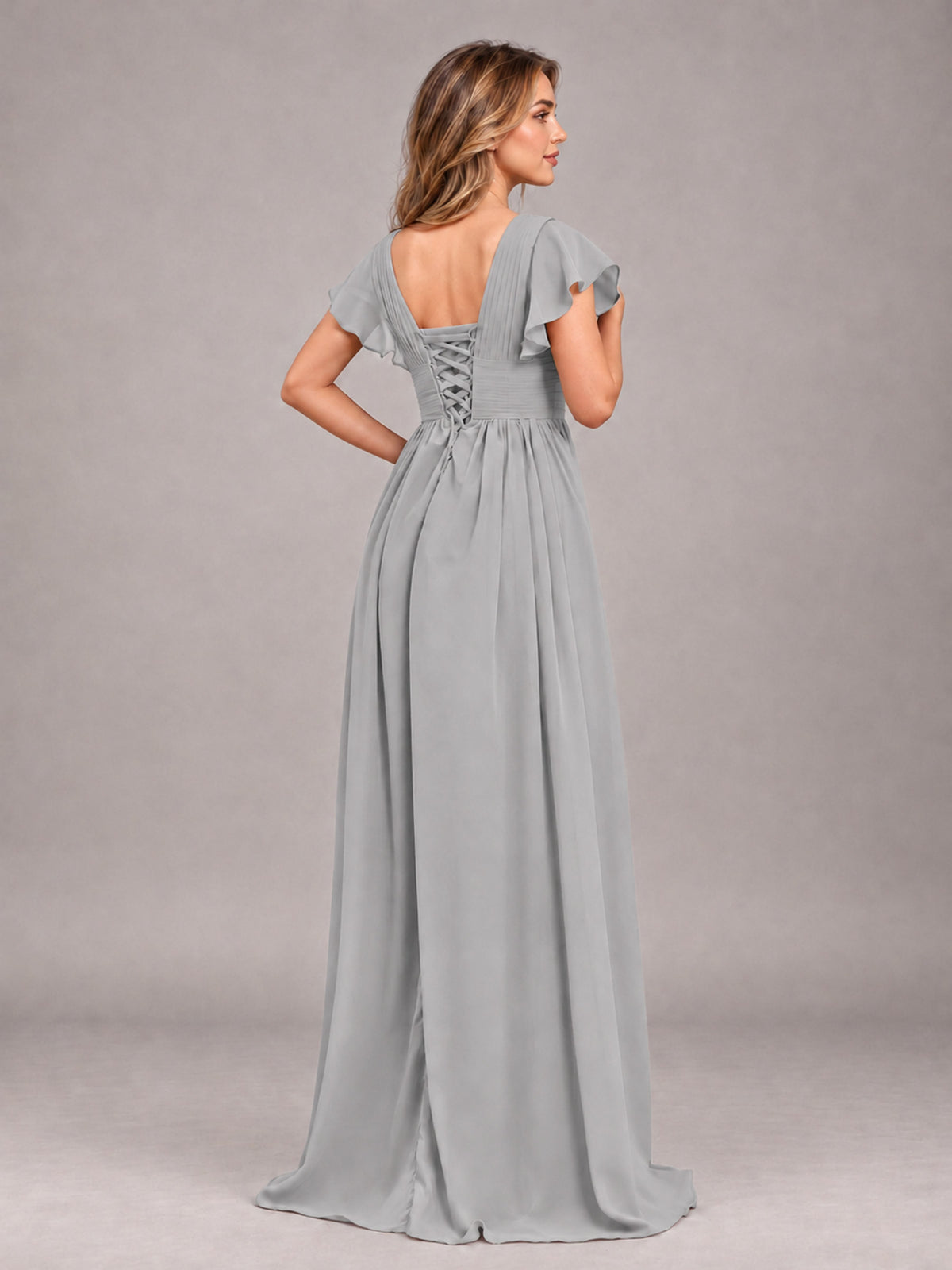 Silver Sexy V-Neck Slit Floor Length Bridesmaid Dress With Pockets