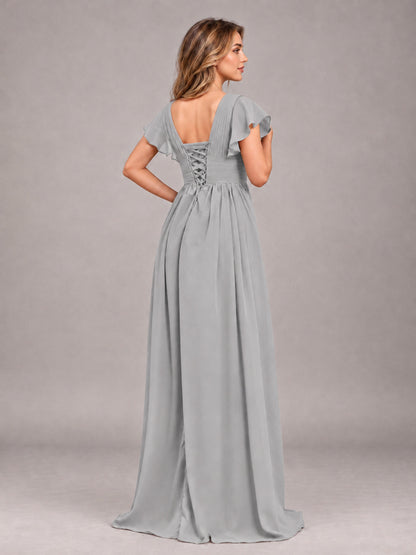 Silver Sexy V-Neck Slit Floor Length Bridesmaid Dress With Pockets