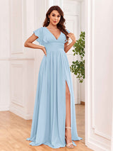 Sexy V-Neck Slit Floor Length Bridesmaid Dresses With Pockets