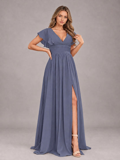 Stormy Blue Sexy V-Neck Slit Floor Length Bridesmaid Dress With Pockets