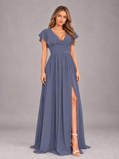 Stormy Blue Sexy V-Neck Slit Floor Length Bridesmaid Dress With Pockets