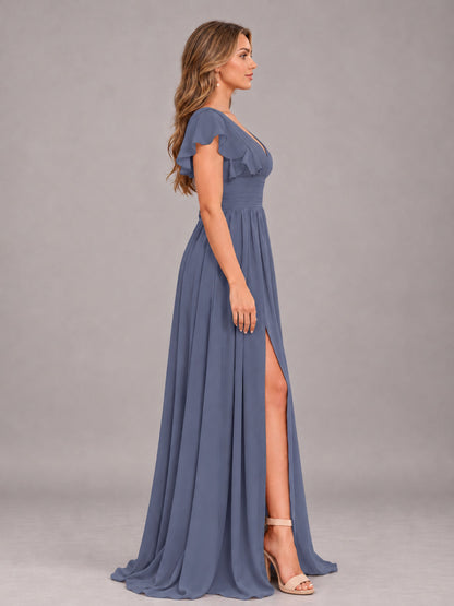 Stormy Blue Sexy V-Neck Slit Floor Length Bridesmaid Dress With Pockets