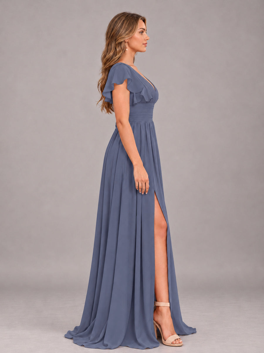 Stormy Blue Sexy V-Neck Slit Floor Length Bridesmaid Dress With Pockets