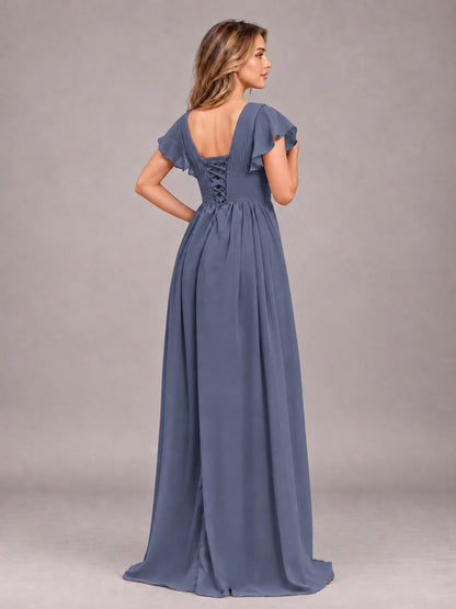 Stormy Blue Sexy V-Neck Slit Floor Length Bridesmaid Dress With Pockets