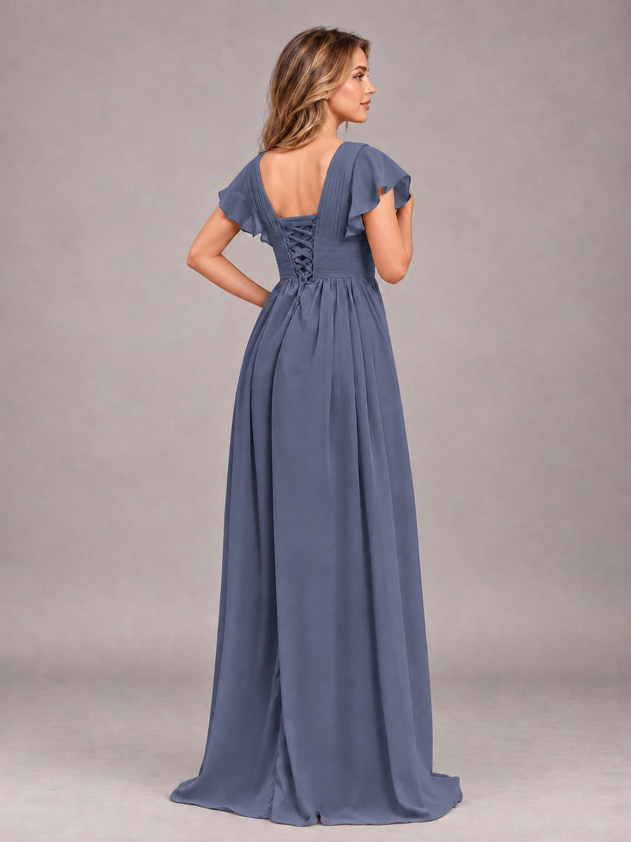 Stormy Blue Sexy V-Neck Slit Floor Length Bridesmaid Dress With Pockets