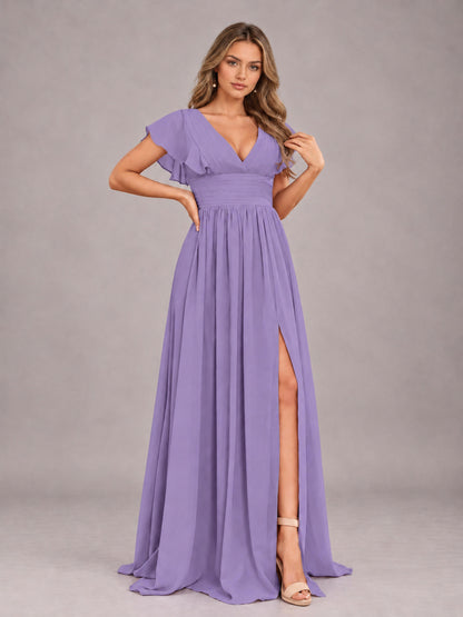 Tahiti Sexy V-Neck Slit Floor Length Bridesmaid Dress With Pockets