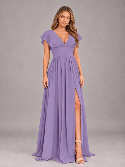 Tahiti Sexy V-Neck Slit Floor Length Bridesmaid Dress With Pockets