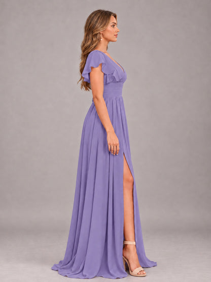 Tahiti Sexy V-Neck Slit Floor Length Bridesmaid Dress With Pockets