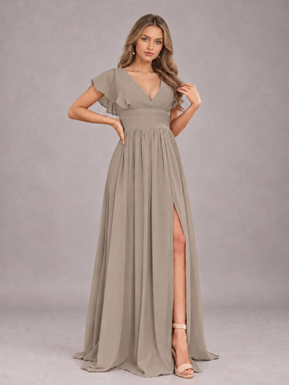 Taupe Sexy V-Neck Slit Floor Length Bridesmaid Dress With Pockets
