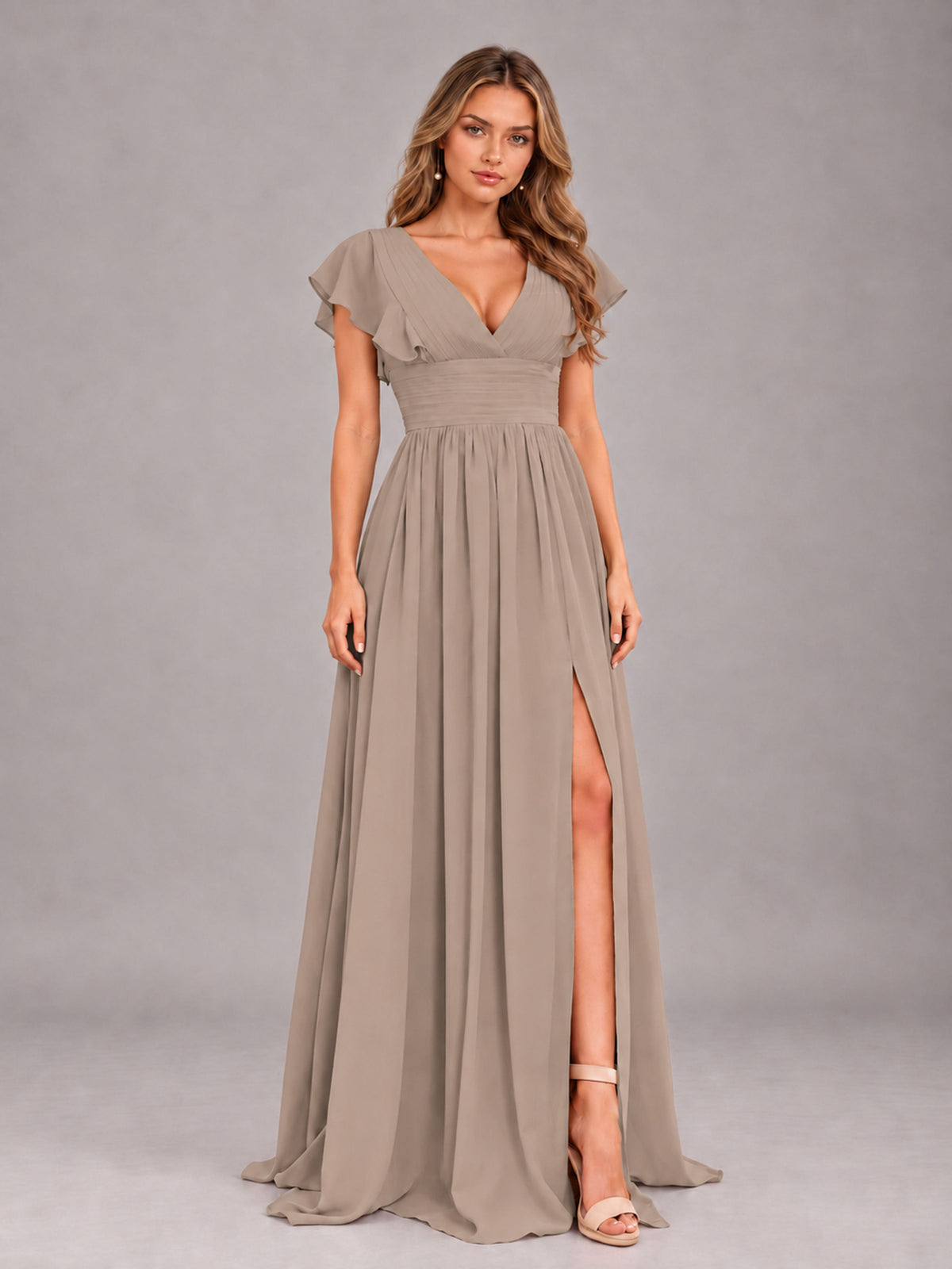 Taupe Sexy V-Neck Slit Floor Length Bridesmaid Dress With Pockets